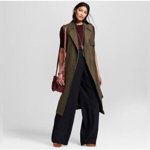 🌿 Who What Wear Olive Green Suede Sleeveless Trench Coat – Size Small 🌿